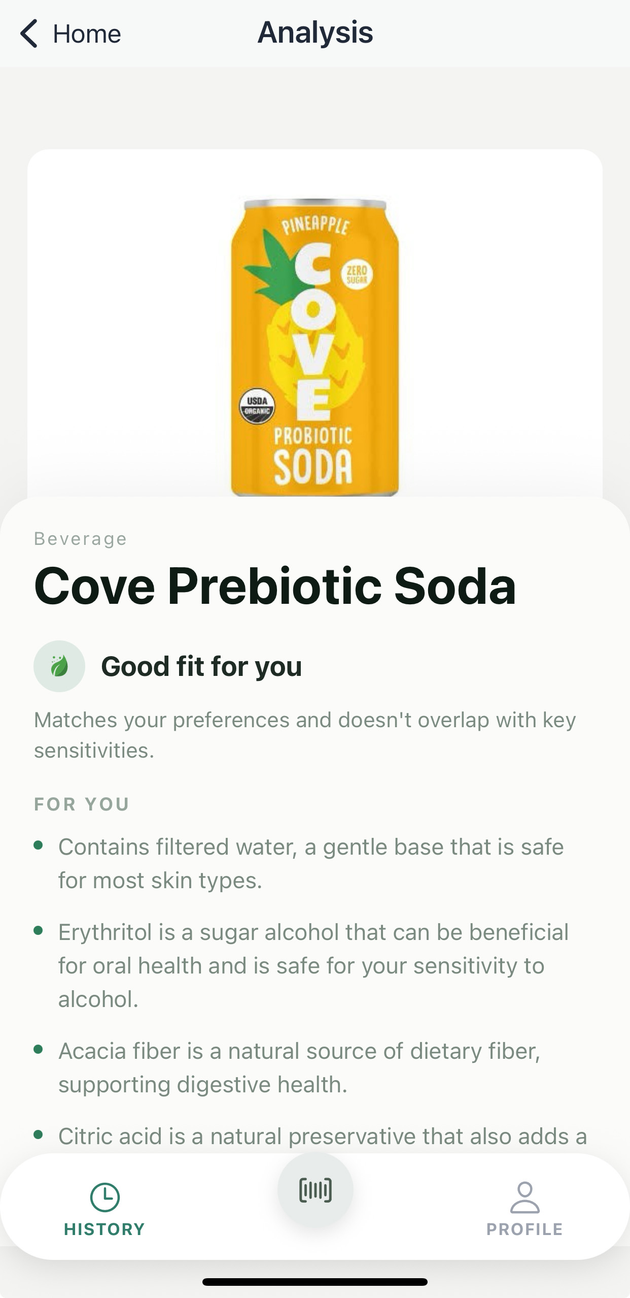 Clear app showing Cove Probiotic Soda analysis
