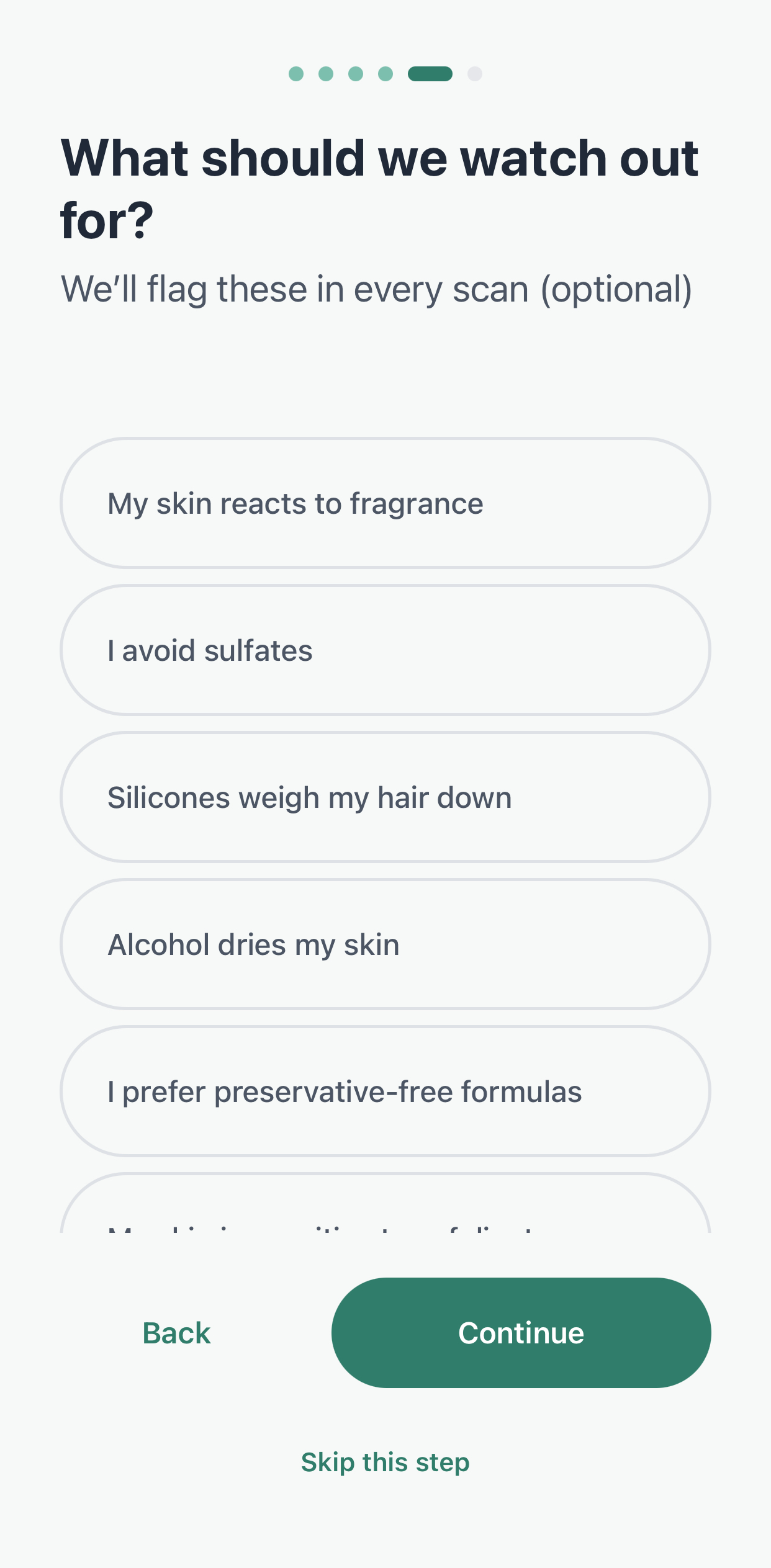 Sensitivities onboarding screen